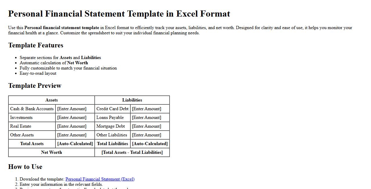 Personal financial statement template in Excel format image preview