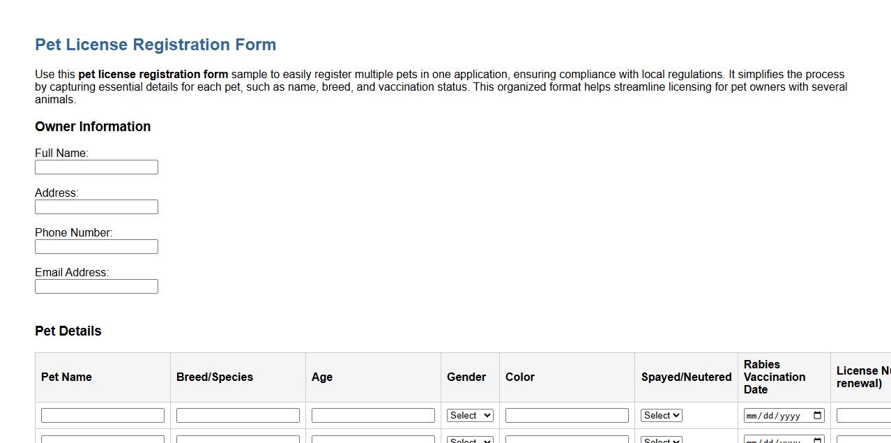 pet license registration form sample for multiple pets image preview