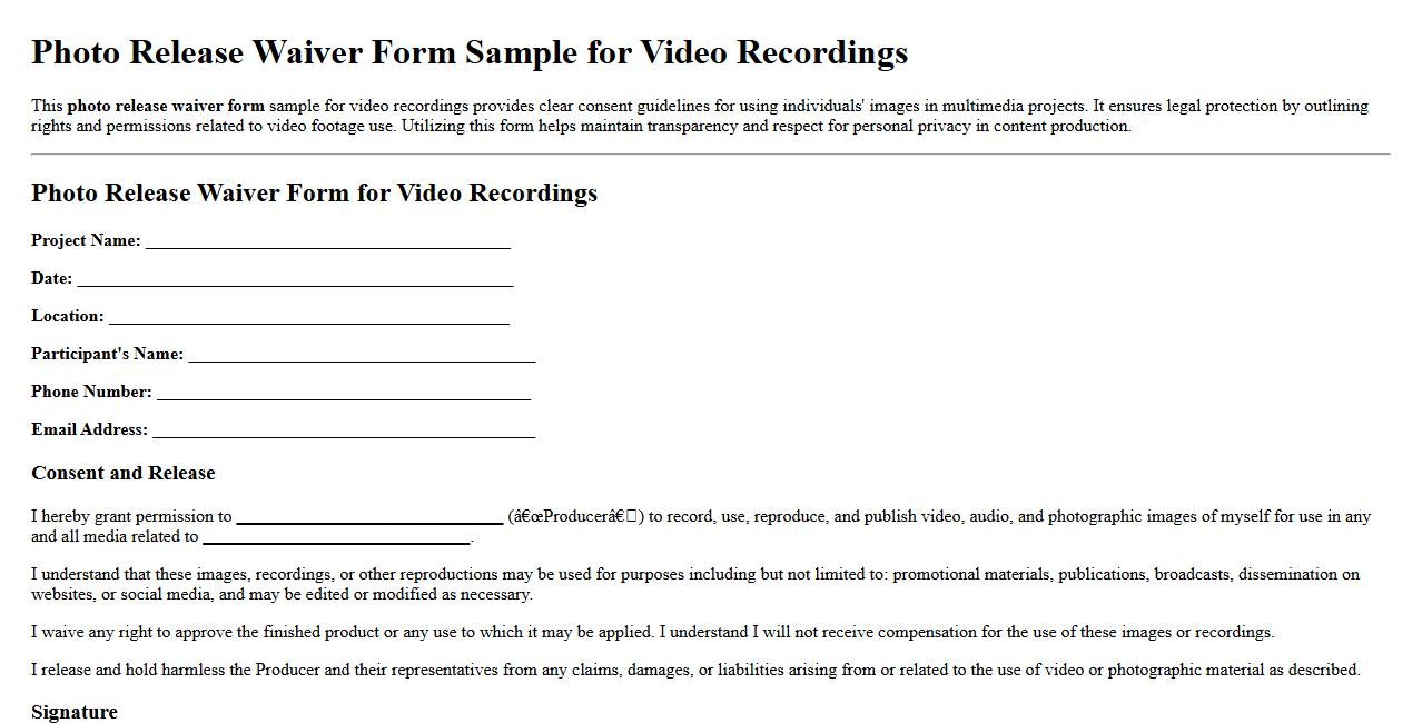 photo release waiver form sample for video recordings image preview