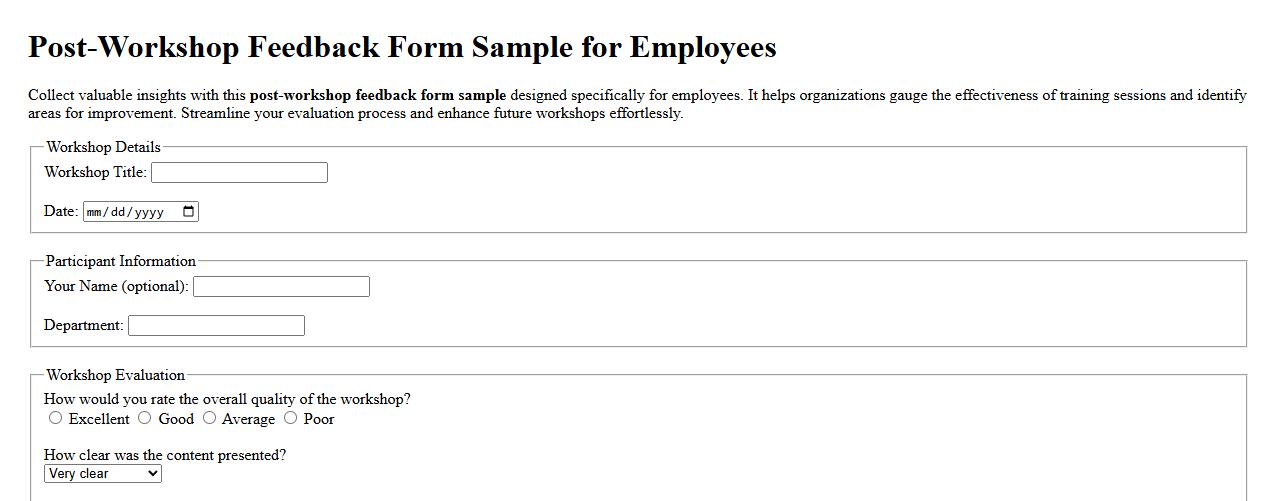 Post-workshop feedback form sample for employees image preview
