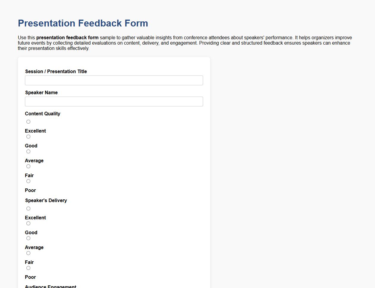 Presentation feedback form sample for conference speakers image preview