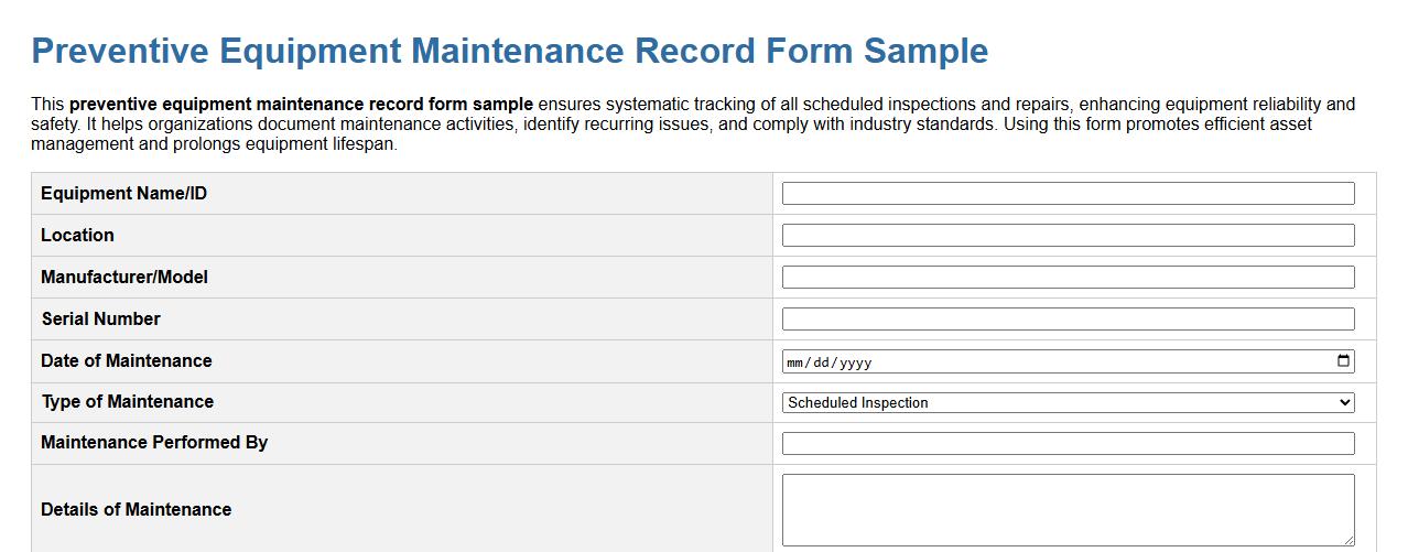 Preventive equipment maintenance record form sample image preview