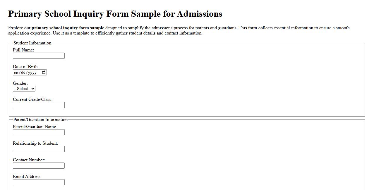 Primary school inquiry form sample for admissions image preview
