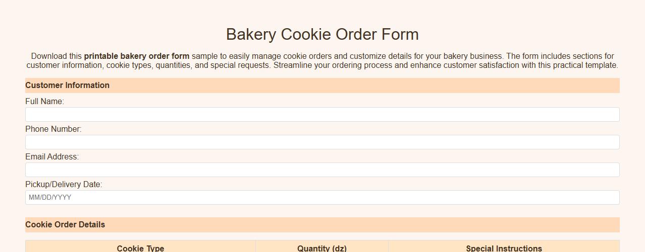 Printable bakery order form sample for cookies image preview