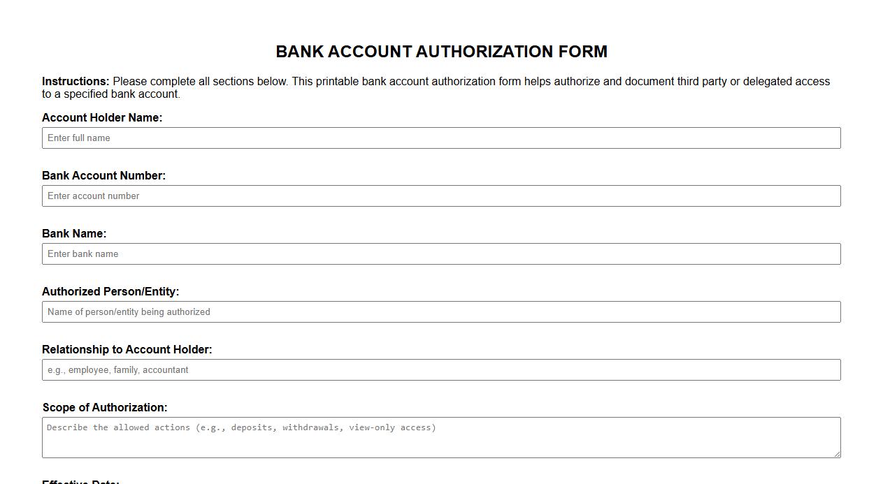 printable bank account authorization form template sample image preview