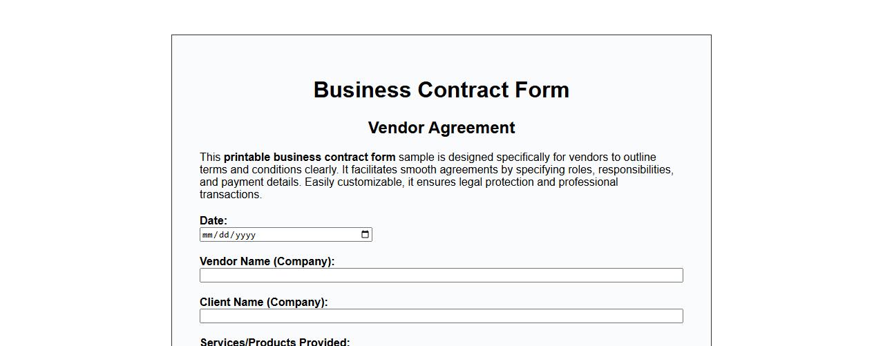 Printable business contract form sample for vendors image preview
