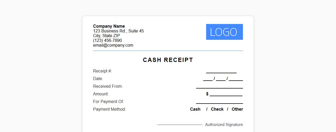 Printable cash receipt template with company logo image preview