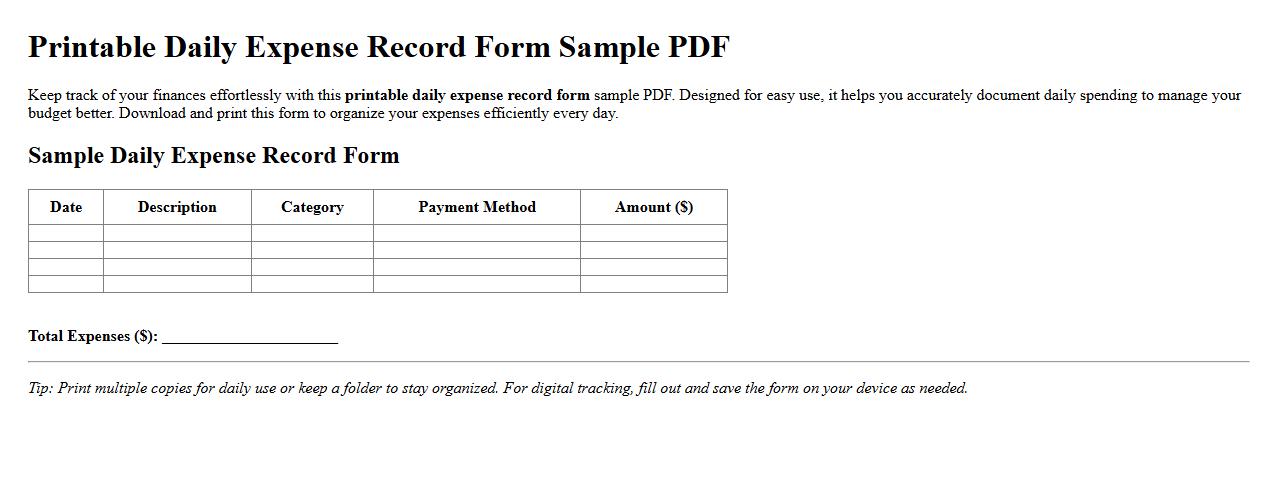 Printable daily expense record form sample PDF image preview