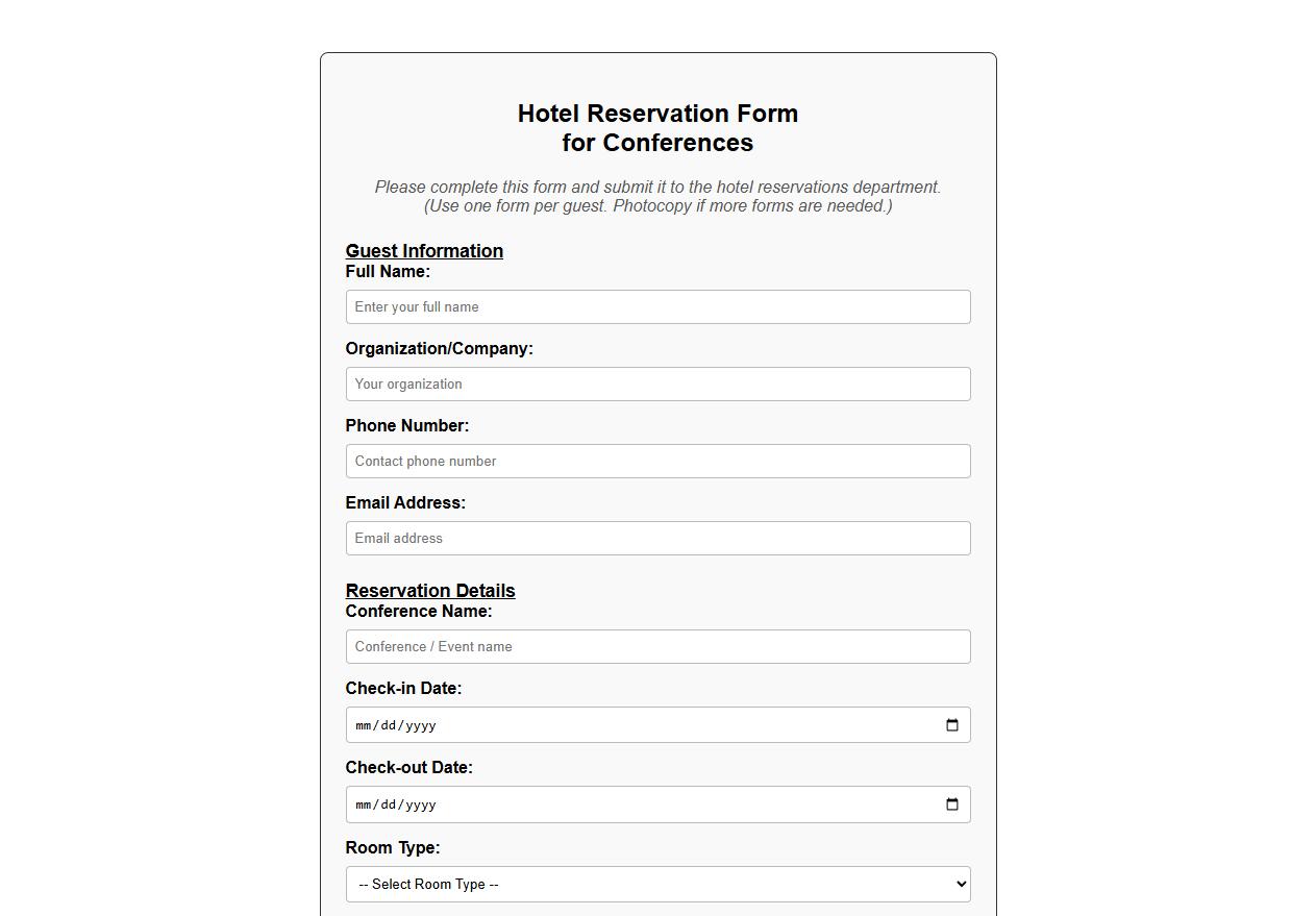 Printable hotel reservation form sample for conferences image preview