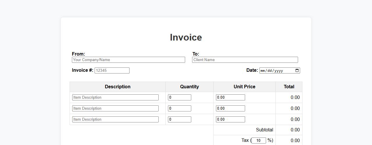 Printable invoice form sample with tax calculation image preview