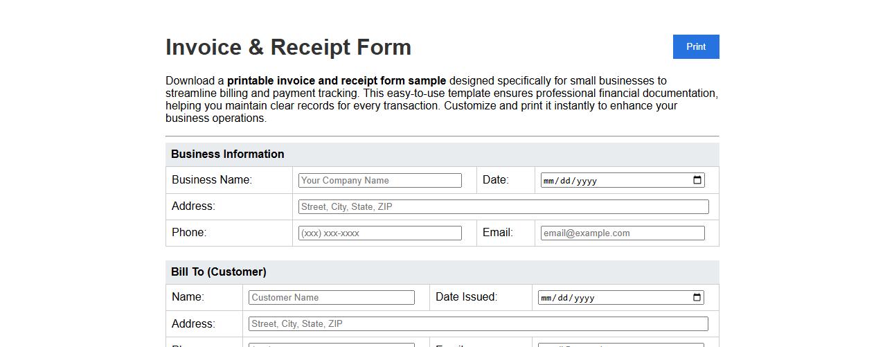 printable invoice and receipt form sample for small businesses image preview