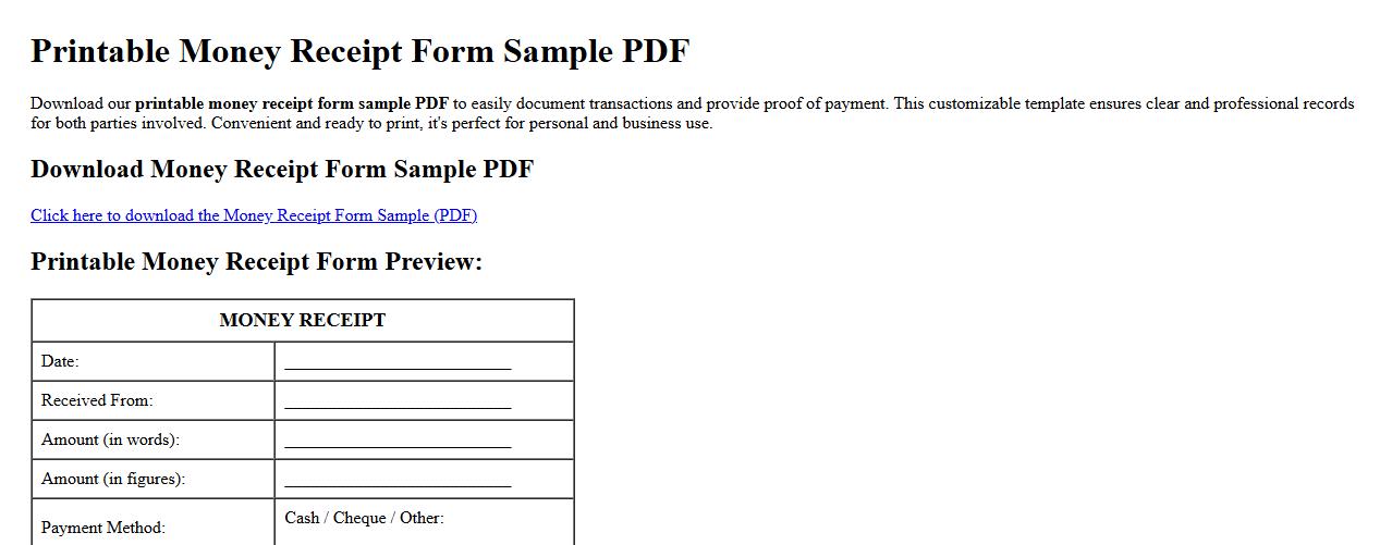 Printable money receipt form sample PDF image preview