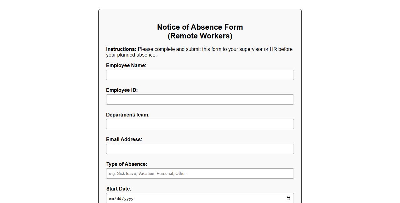 printable notice of absence form sample for remote workers image preview