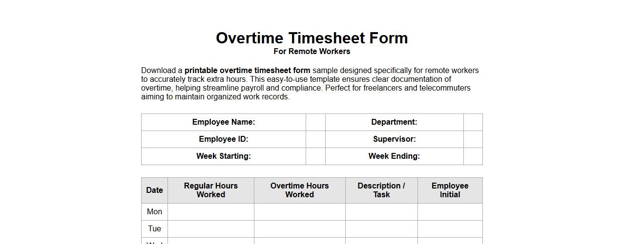 printable overtime timesheet form sample for remote workers image preview