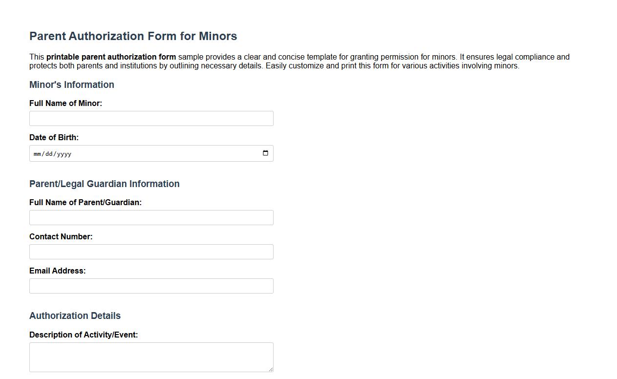 Printable parent authorization form sample for minors image preview