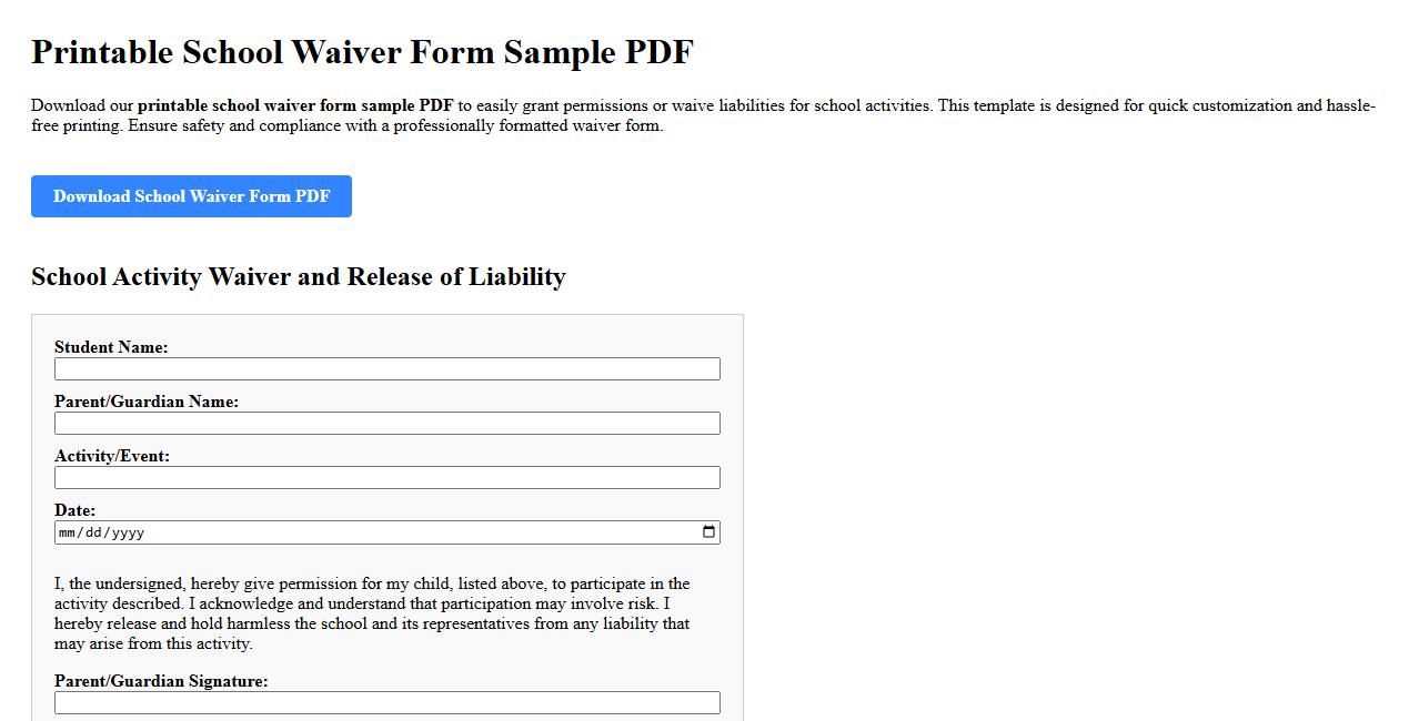 printable school waiver form sample pdf image preview