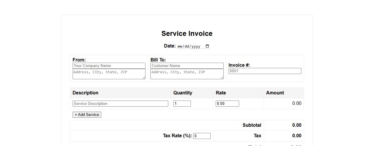 Printable service invoice form sample with tax calculation image preview