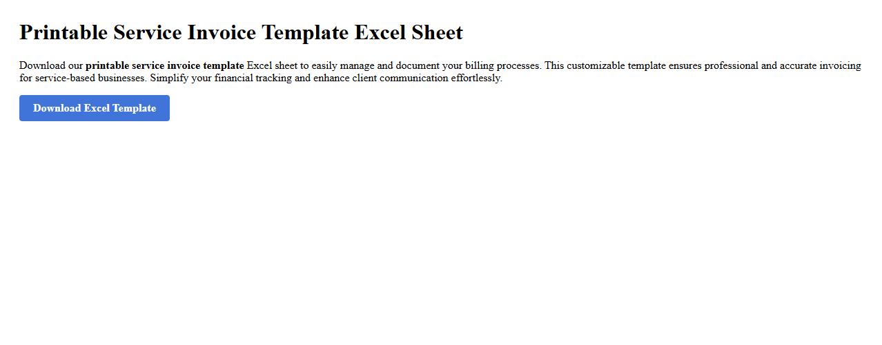 Printable service invoice template Excel sheet image preview
