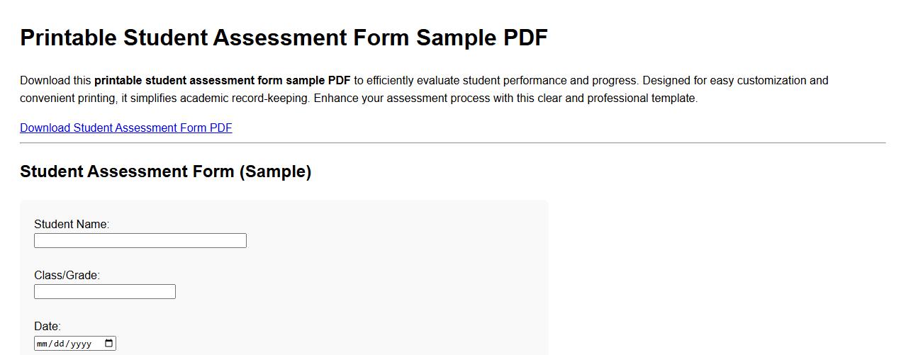 Printable student assessment form sample PDF image preview