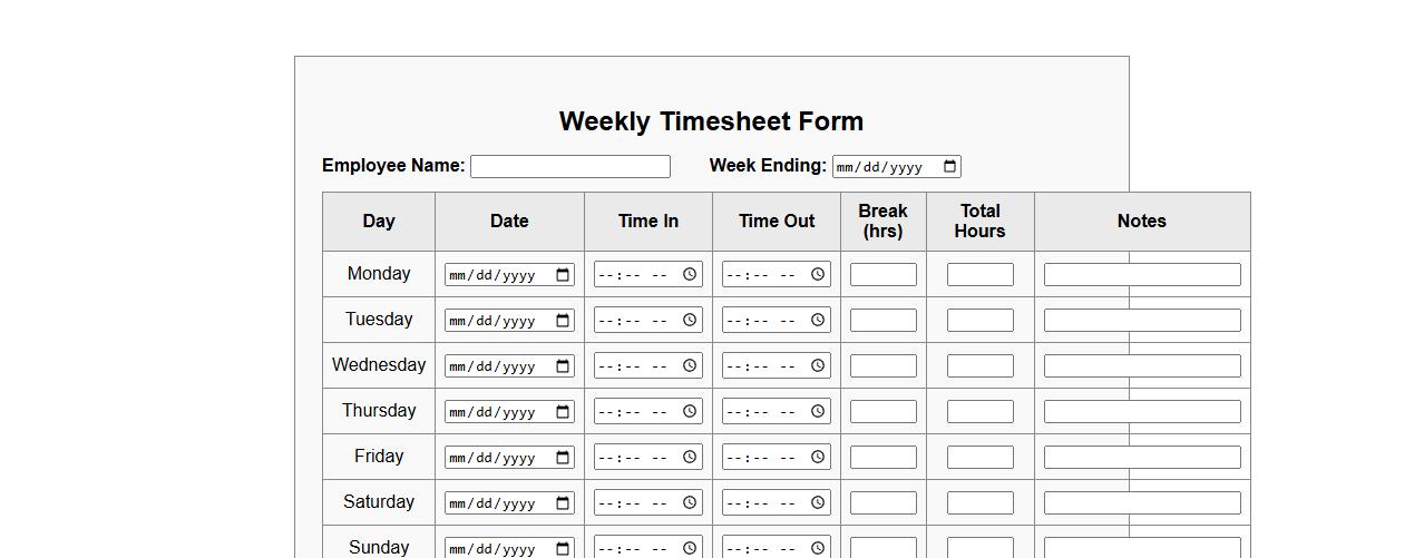 printable weekly timesheet form sample image preview
