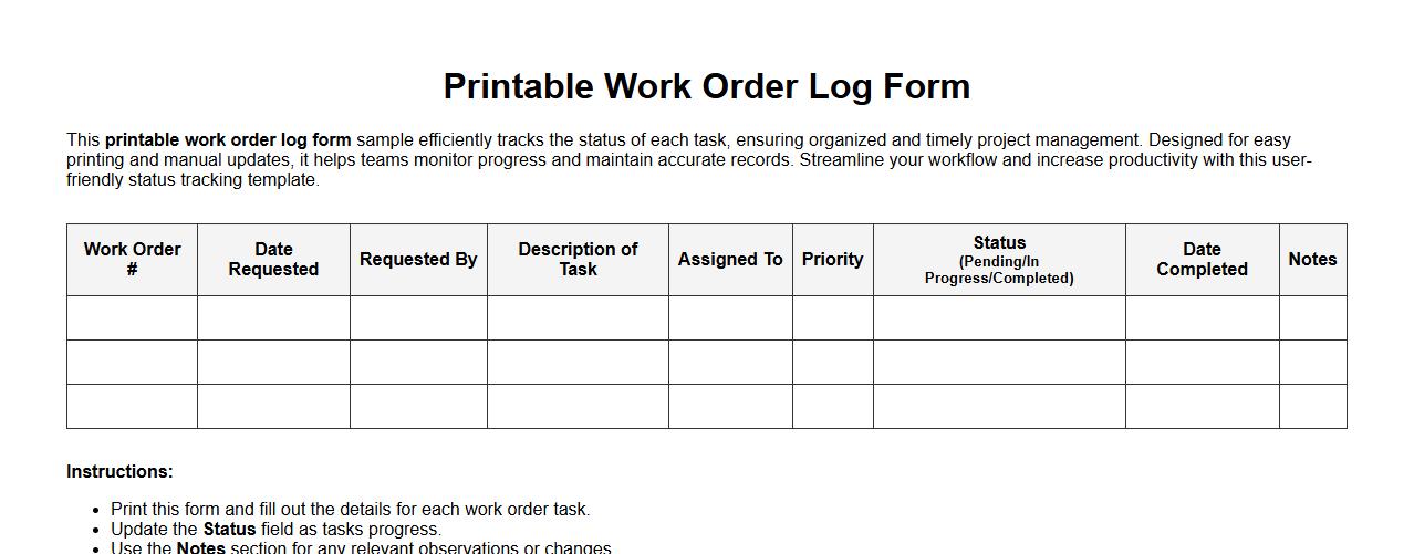 printable work order log form sample with status tracking image preview