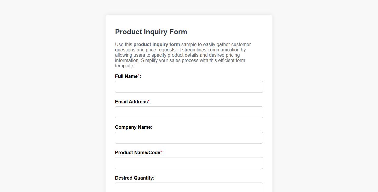 product inquiry form sample with price request image preview