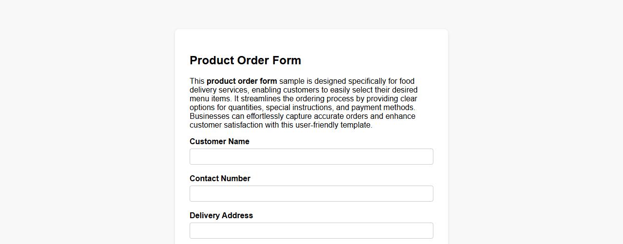 Product order form sample for food delivery services image preview