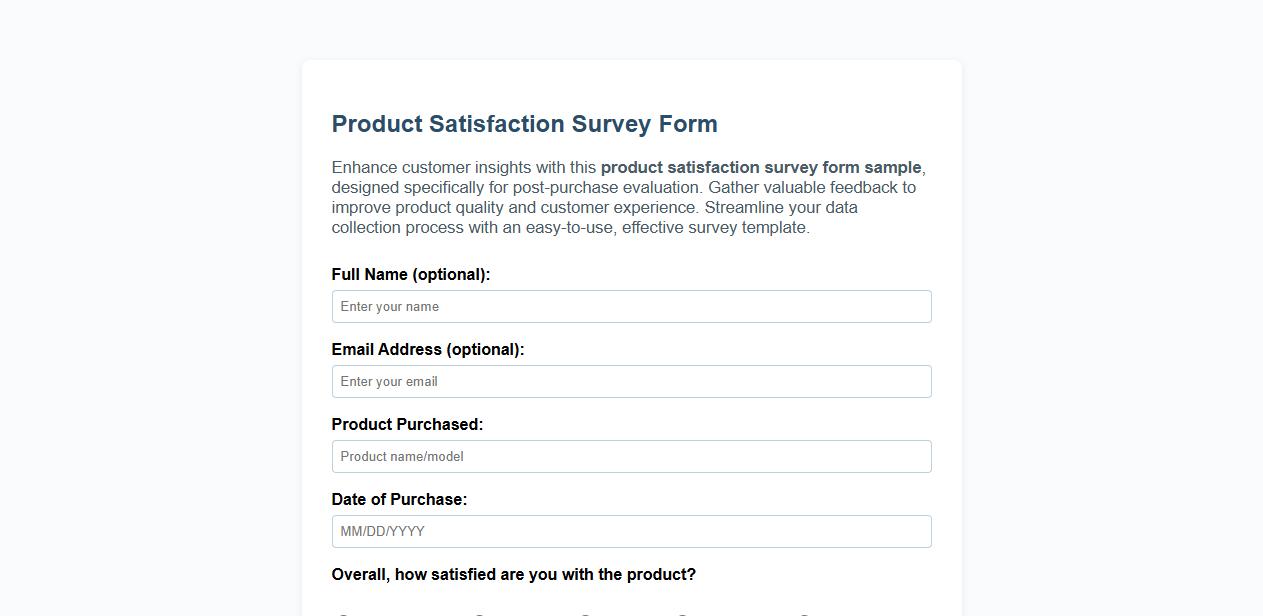 product satisfaction survey form sample for post-purchase evaluation image preview