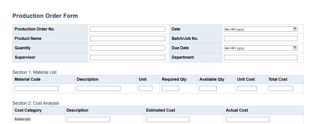 production order form sample with cost and material sections image preview