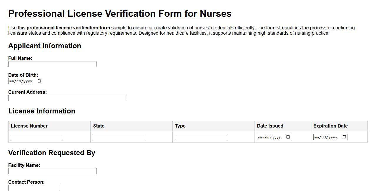 professional license verification form sample for nurses image preview