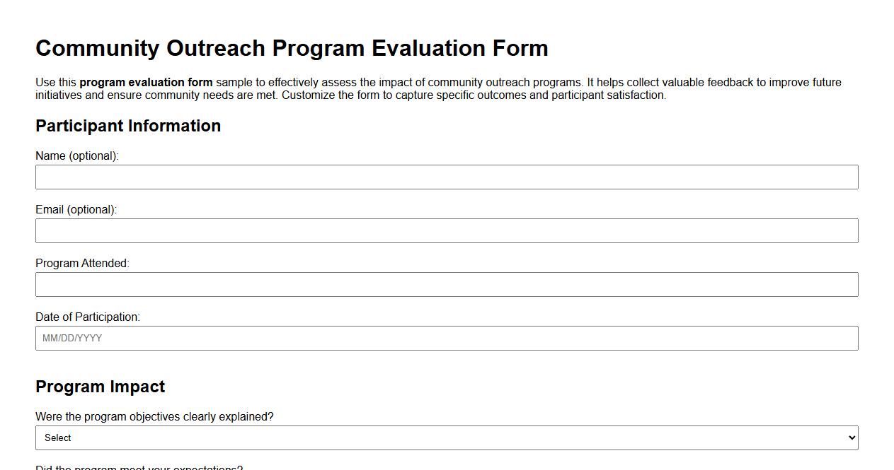Program evaluation form sample for community outreach programs image preview