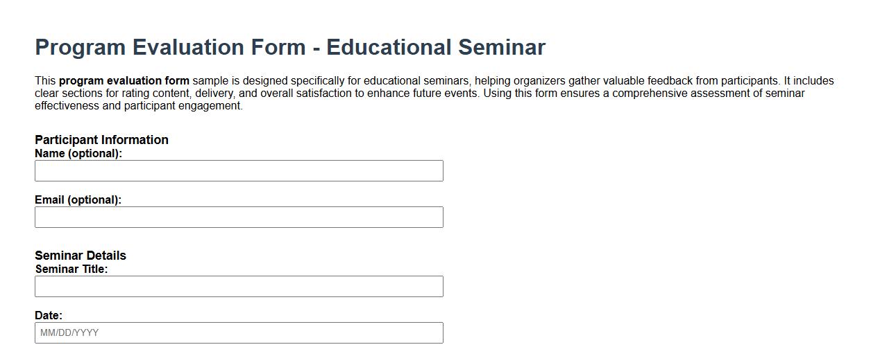 Program evaluation form sample for educational seminars image preview