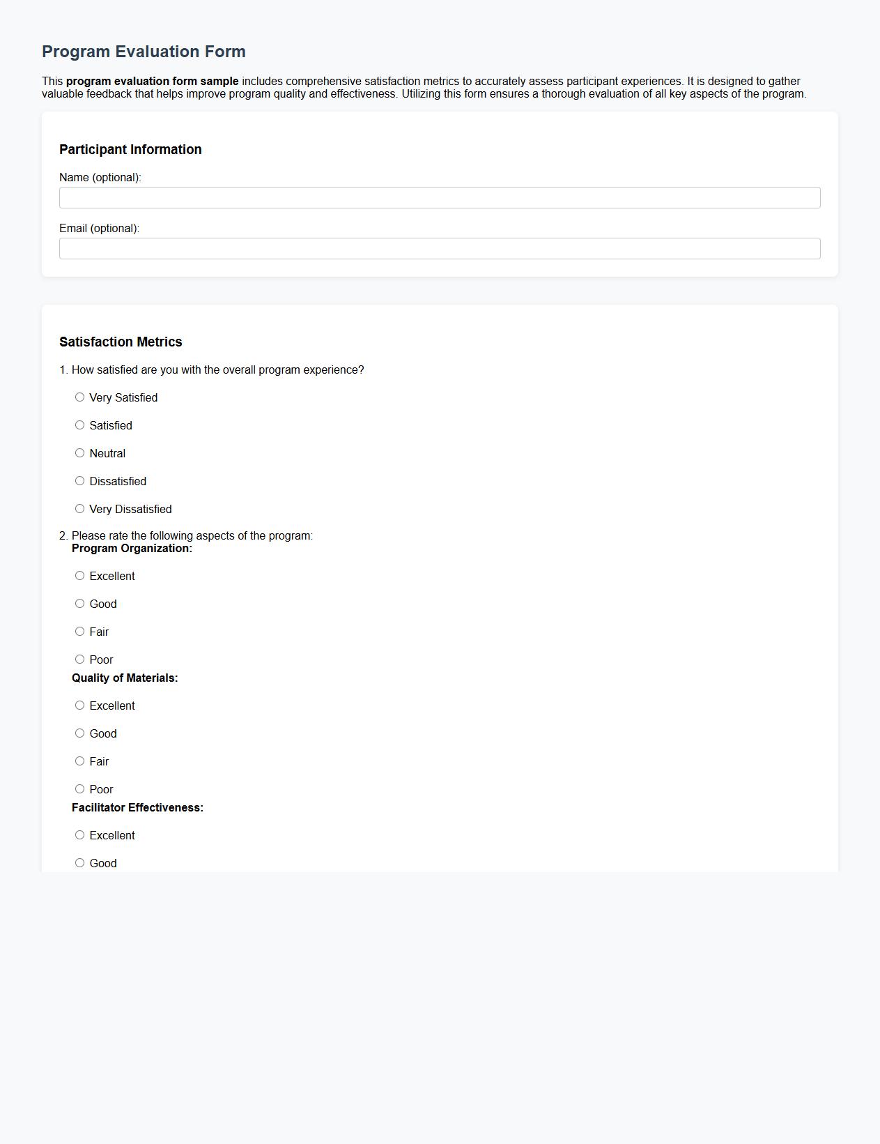 Program evaluation form sample including satisfaction metrics image preview