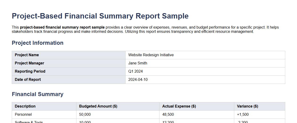 project-based financial summary report sample image preview