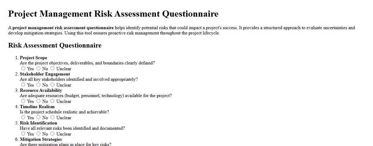 Project management risk assessment questionnaire image preview