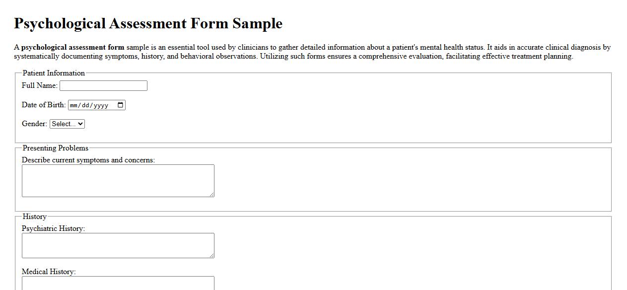 Psychological assessment form sample for clinical diagnosis image preview