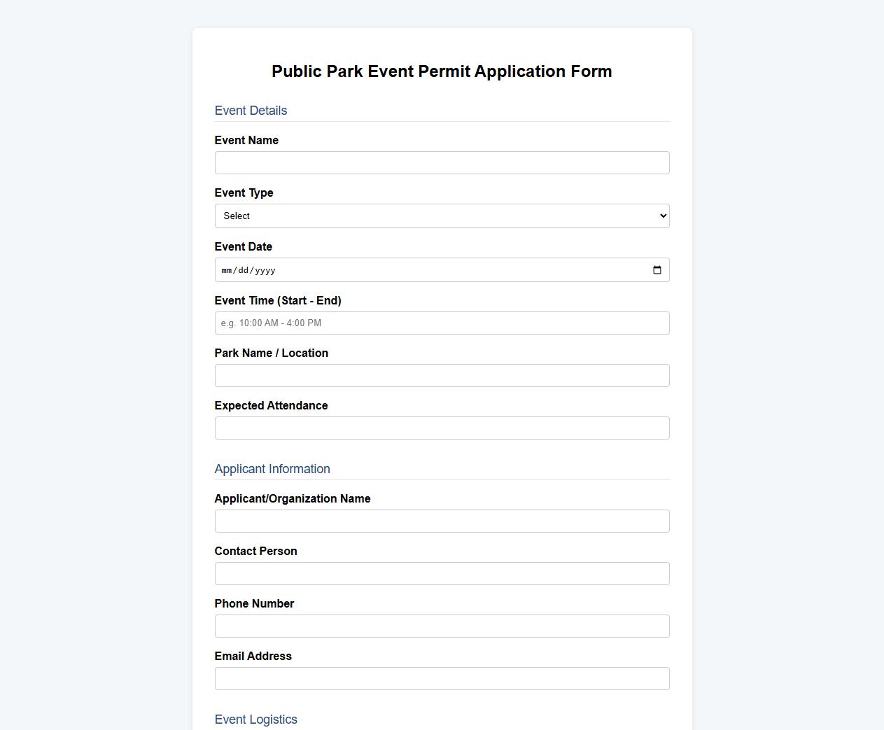 public park event permit application form sample image preview