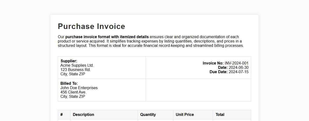 Purchase invoice format with itemized details image preview