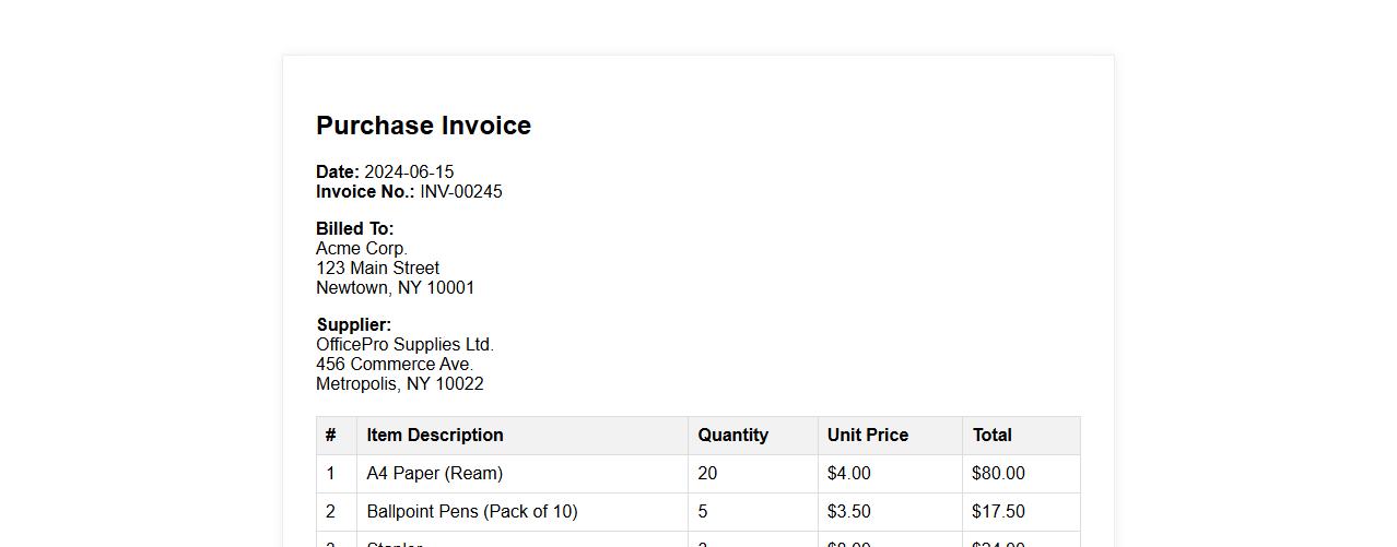 Purchase invoice sample for office supplies image preview