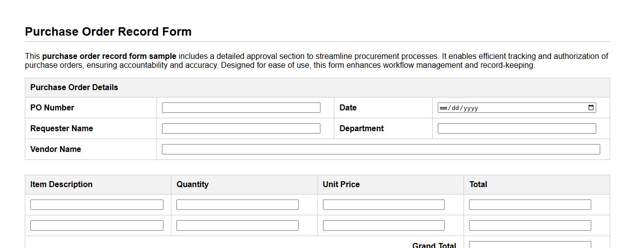 Purchase order record form sample with approval section image preview