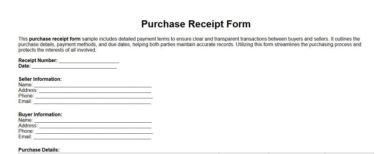 Purchase receipt form sample with payment terms image preview