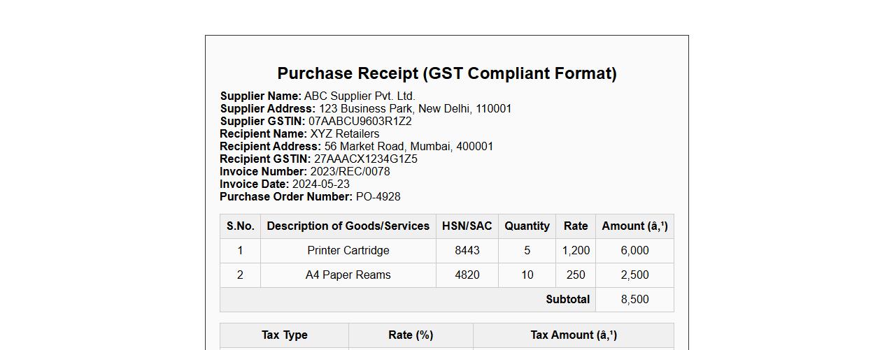 Purchase receipt format for GST compliance image preview