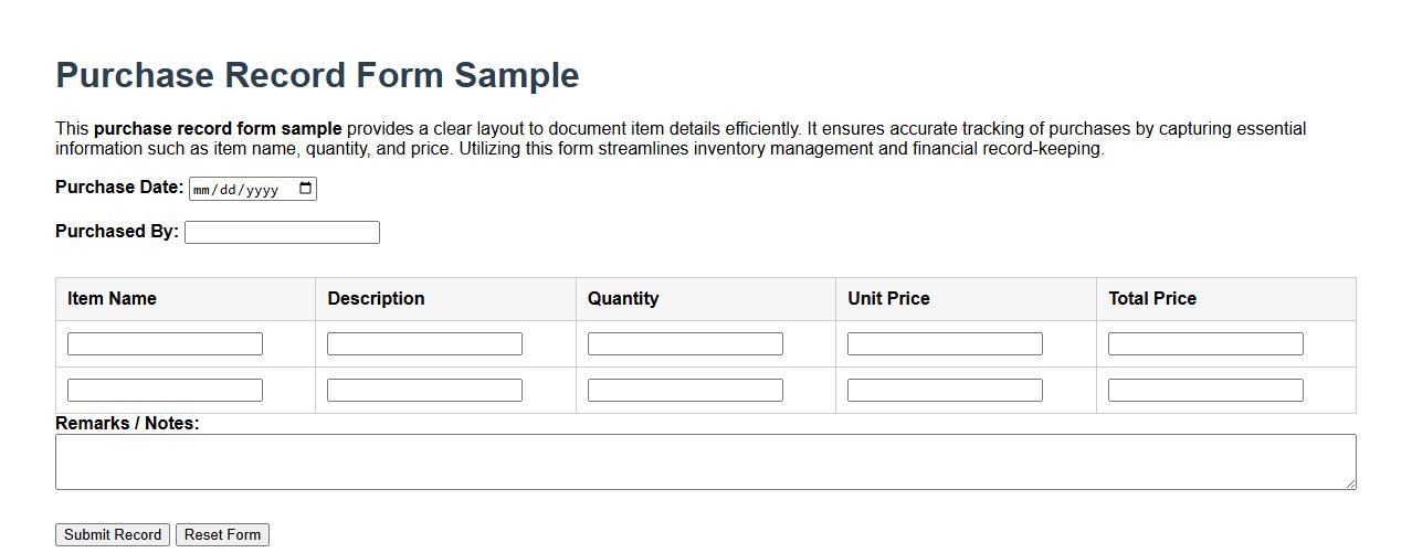 purchase record form sample with item details image preview