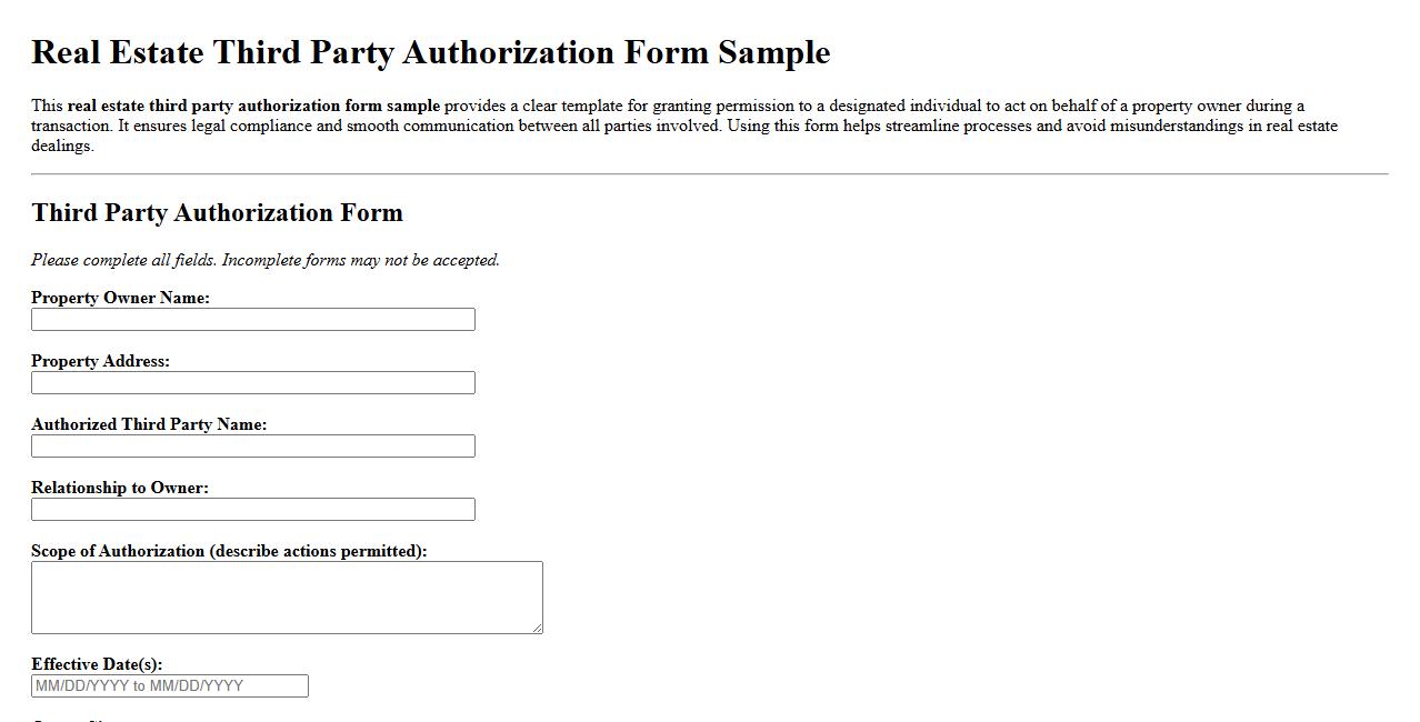 real estate third party authorization form sample image preview
