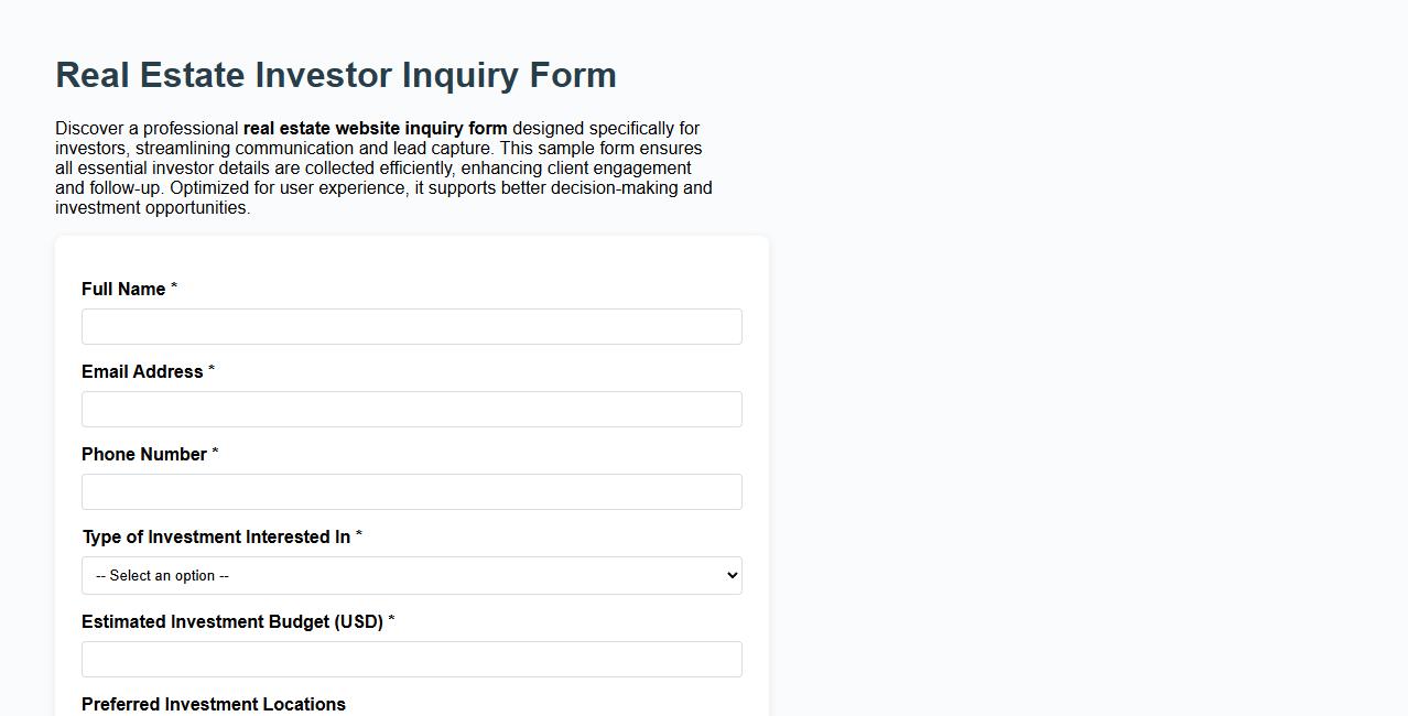 Real estate website inquiry form sample for investors image preview