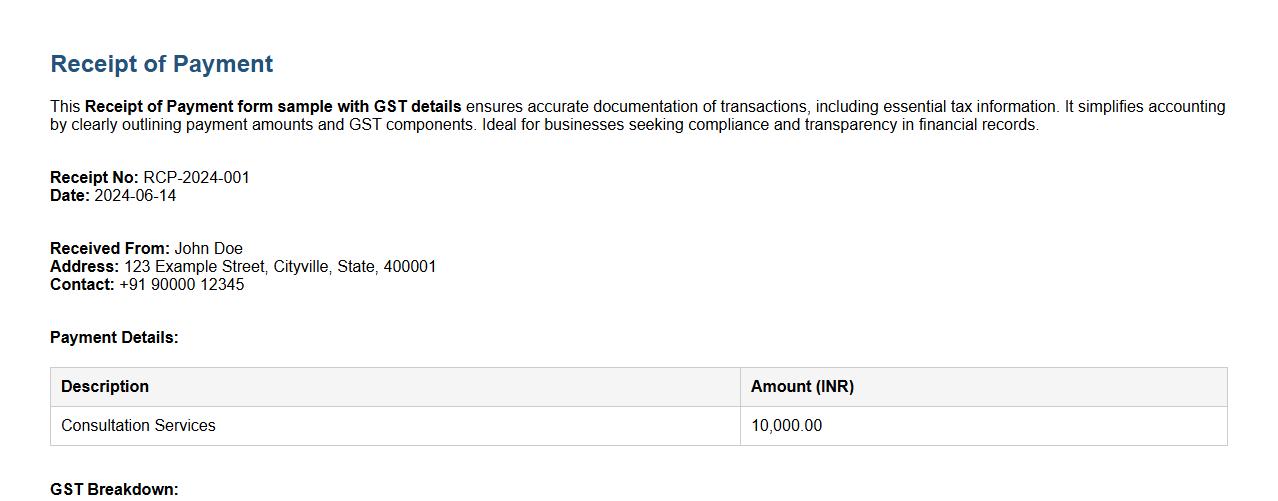 Receipt of payment form sample with GST details image preview