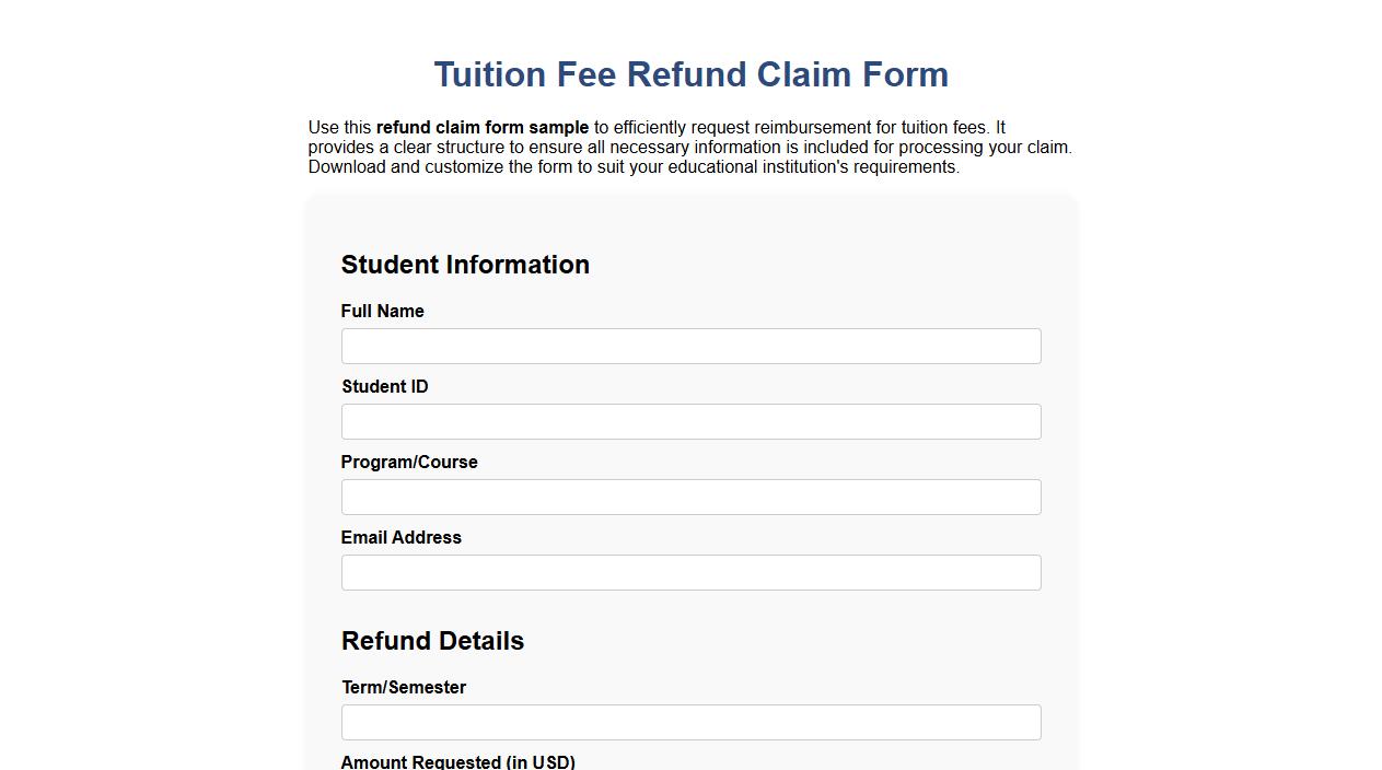 Refund claim form sample for tuition fees image preview