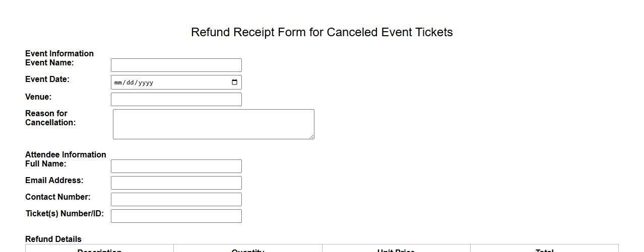 Refund receipt form sample for canceled event tickets image preview