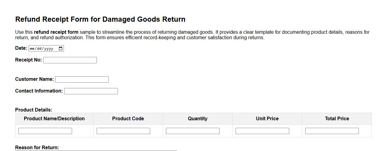 Refund receipt form sample for damaged goods return image preview
