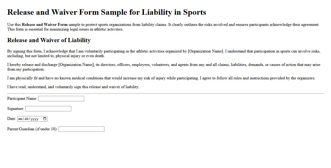 Release and Waiver Form Sample for Liability in Sports image preview